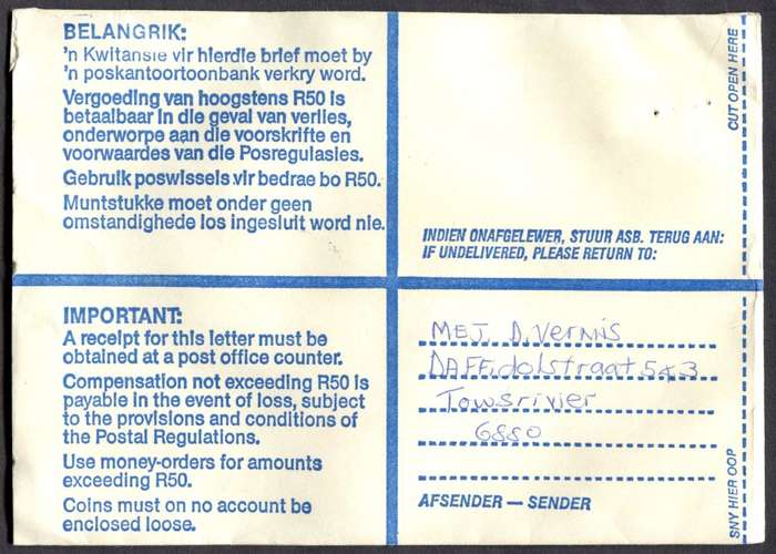 RSA - Cover Registered At Touwsrivier Post Office