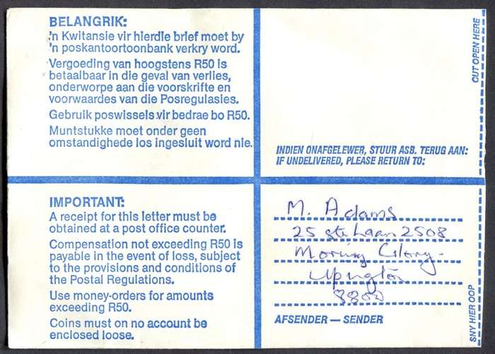 RSA - Cover Registered At Upington Post Office