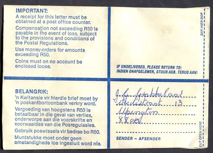 RSA - Cover Registered At Upington Post Office