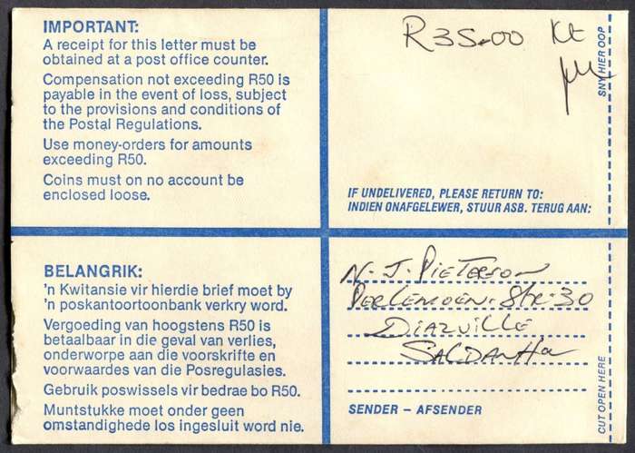 RSA - Cover Registered At Vredendal Post Office