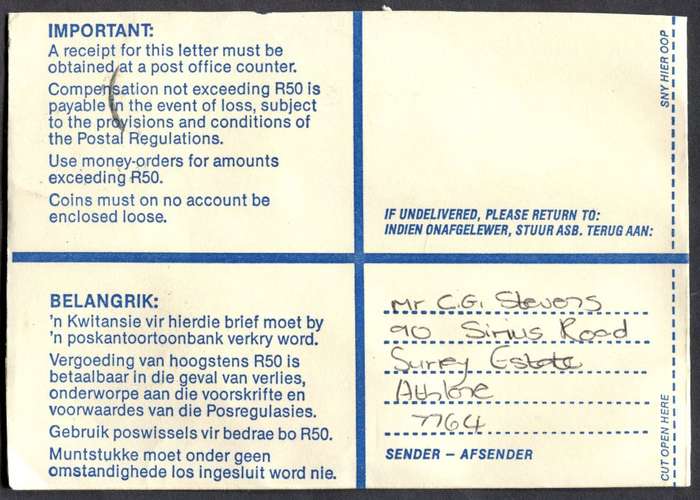 RSA - Cover Registered At Vlaeberg Post Office