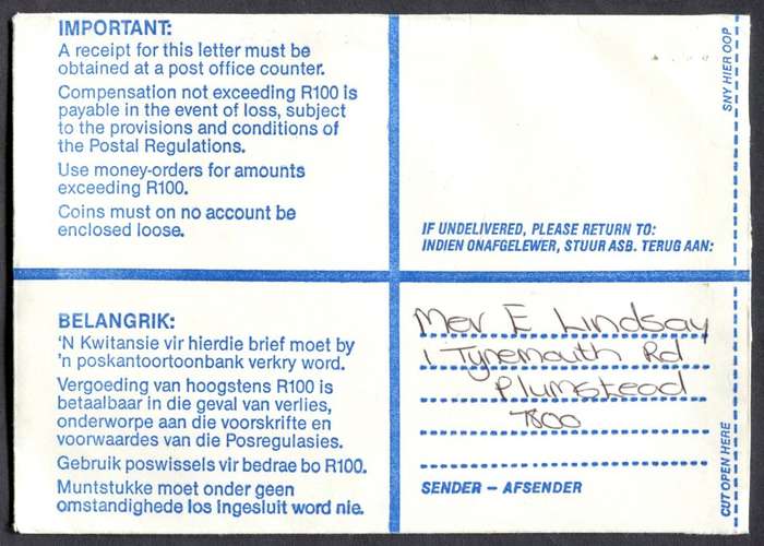 RSA - Cover Registered At Vlaeberg Post Office