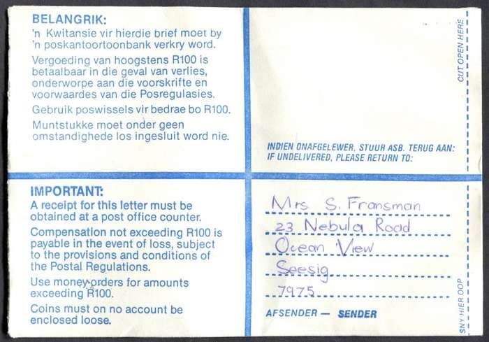 RSA - Cover Registered At Vishoek Post Office