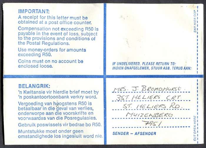 RSA - Cover Registered At Vishoek Post Office