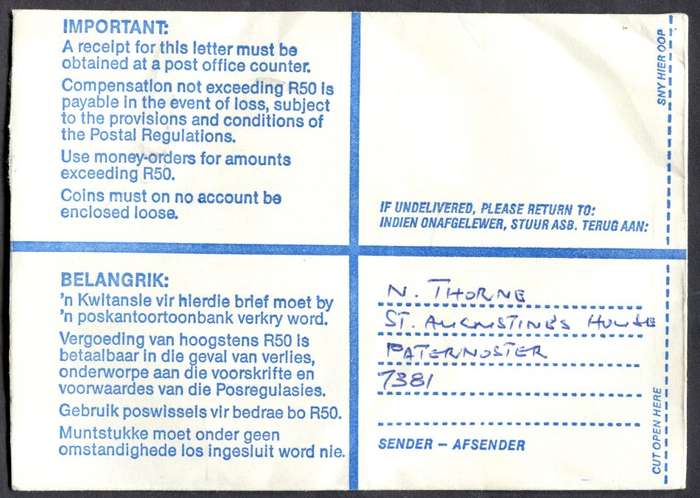 RSA - Cover Registered At Vredenburg Post Office