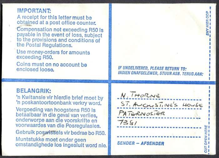 RSA - Cover Registered At Vredenburg Post Office