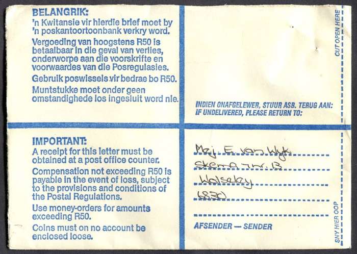 RSA - Cover Registered At Wolseley Post Office