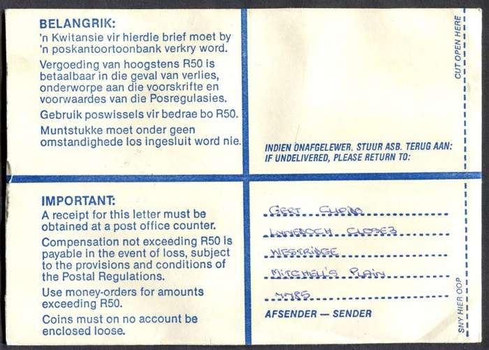 RSA - Cover Registered At Westridge Post Office