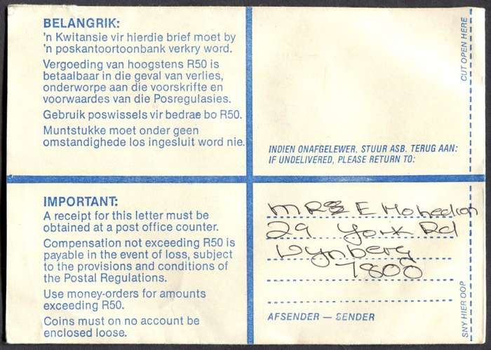 RSA - Cover Registered At Wynberg K/C Post Office