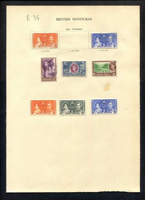 British Honduras - 8 Stamps Mounted (Hinged) on Old Album Page
