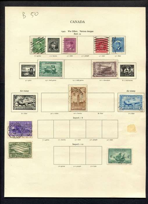 Canada - 11 Stamps Mounted (Hinged) on Old Album Page