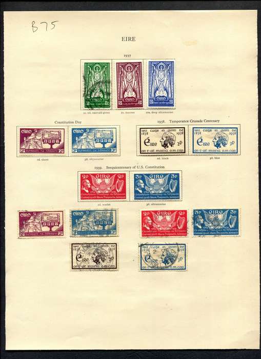 Ireland - 15 Stamps Mounted (Hinged) on Old Album Page