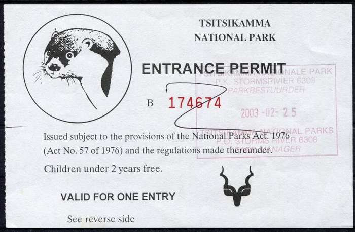 Entrance Permit - Tsitsikamma National Park - Used