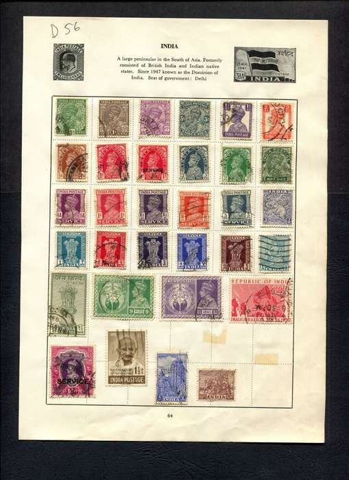 India - 32 Stamps Mounted (Hinged) on Old Album Page