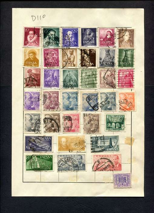 Spain - 36 Stamps Mounted (Hinged) on Old Album Page