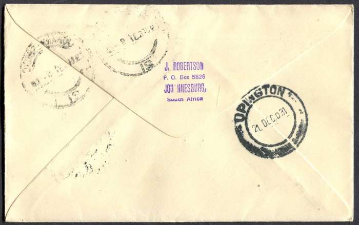 Union of SA - Flight Cover - From Johannesburg To Upington
