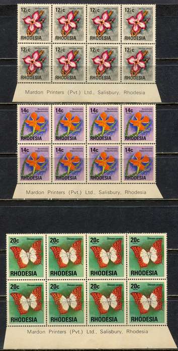 Rhodesia - Set of 15 Imprint Blocks of 8  - Brown Gum Except 2.5c - 1974 - MNH