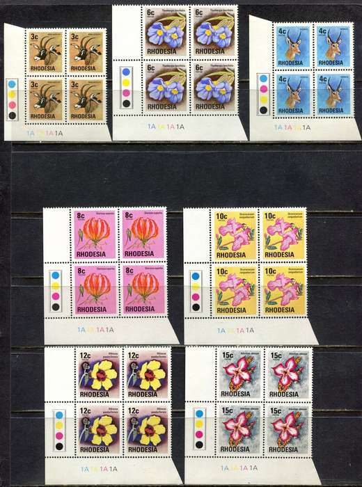 Rhodesia - 13 Control Blocks of 4 - 1A  - White Gum - 1976 - MNH