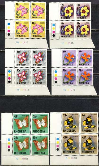 Rhodesia - 13 Control Blocks of 4 - 1B  - White Gum - 1976 - MNH