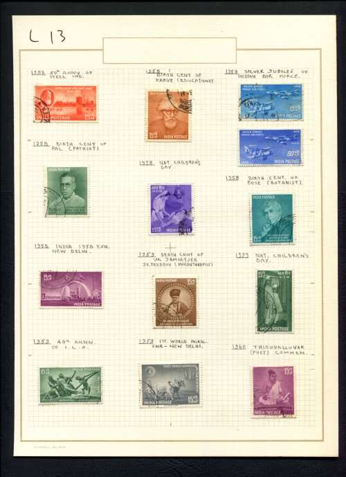 India - 13 Stamps Mounted (Hinged) on Old Album Page