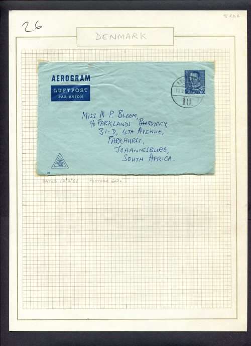 Denmark - 1 Used Aerogram Mounted in Photo Corners
