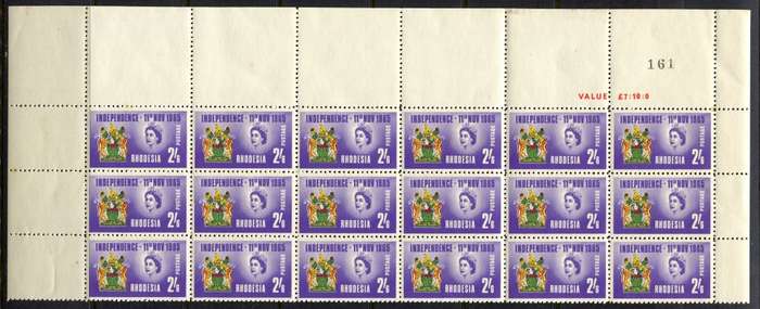 Rhodesia - Sheet Value/Number Block of 18 - 1965 - MNH - Some Toning