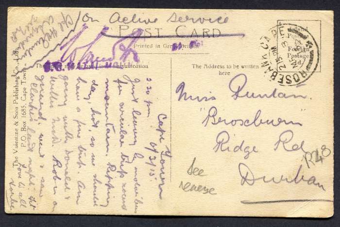 Union of SA - Post Card - On Active Service