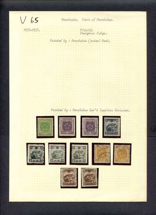Manchukuo - 11 Stamps Mounted (Hinged) On Old Album Page