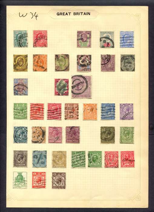 Great Britain - 35 Stamps Mounted (Hinged) On Album Page
