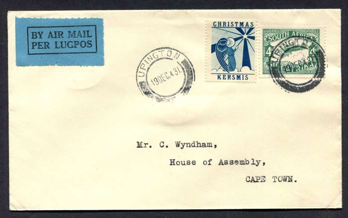 Union of SA - Flight Cover With Christmas Stamp - Upington to Cape Town