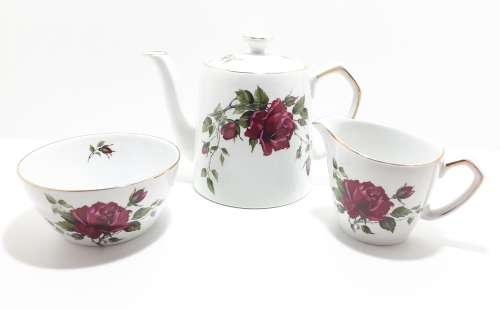 21 Piece Alfred Meakin Glo White Tea Set - White With Red Roses And Gold Trim