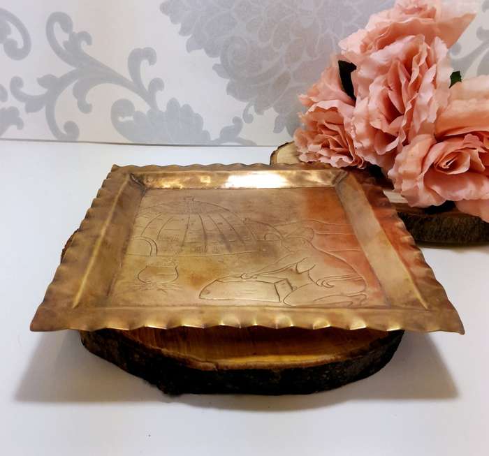 Vintage Square Handcrafted Brass Tray With African Etching
