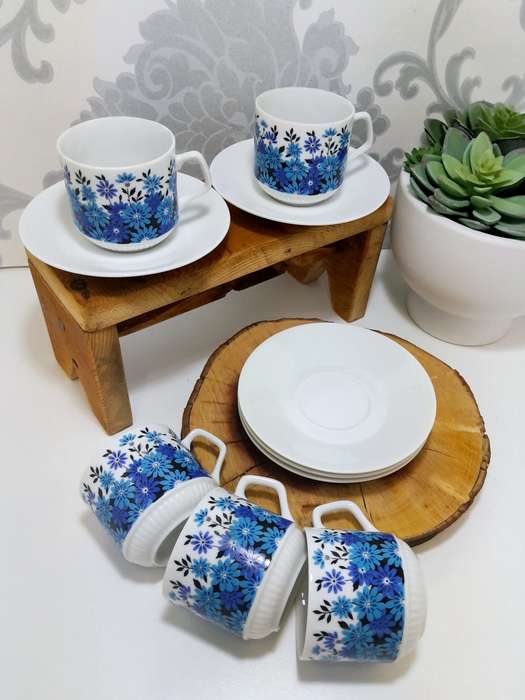 Set Of 5 Dainty & Fine Retro Blue & White Japanese Cups & Saucers