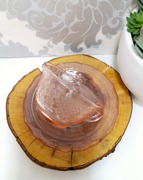 Gorgeous Salmon Pink Glass Trio  Cup, Saucer & Tea Plate