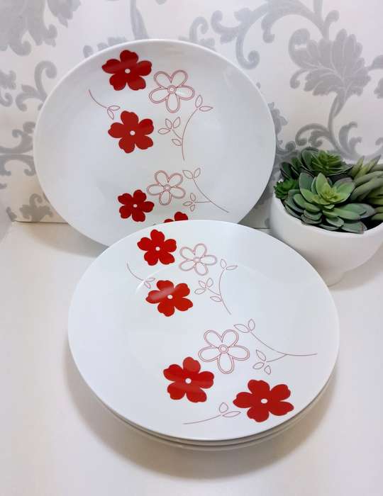 Contemporary Set Of 4 Extra Large Porcelain Dinner Plates  Red & White