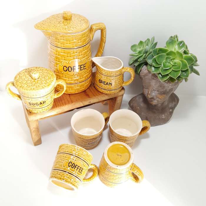 Antique Japanese Ceramic Basket Weave Pattern Coffee Set