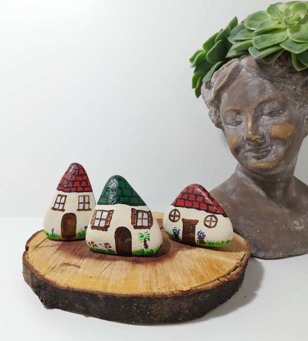 Set Of 3 Quirky Hand Painted Dwarf House Rocks