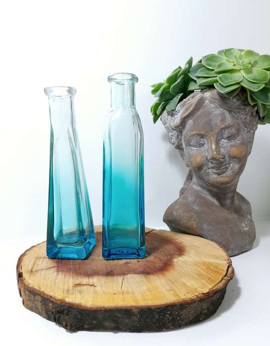 Pair Of Small Ombré Blue Glass Bottle Bud Vases