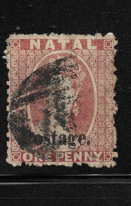 NATAL 1869 SACC30 1d Rose Ovpt Type II Postage 12.75mm long - Used