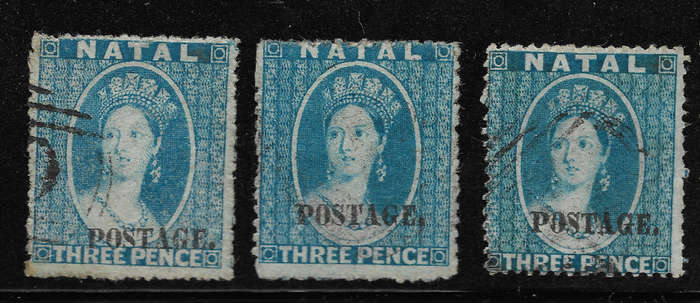 NATAL 1869 SACC56+58 blue No9&11 Ovpt Type V Postage Capital letters with stop - Fine Used