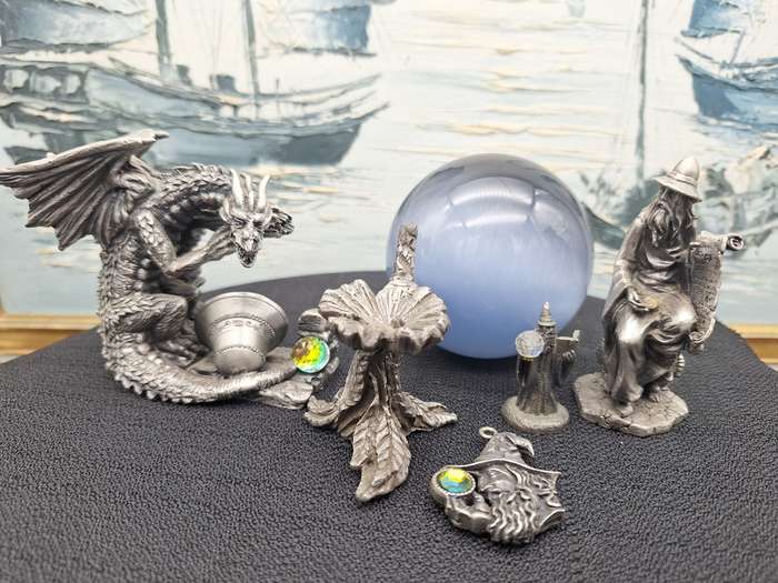 Collection of Pewter Myth and Magic Dragon and Wizards Figurines with Large Mystical Orb
