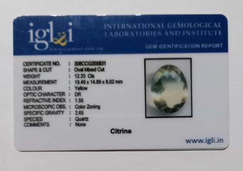 CERTIFIED 2.028 cts - LIGHT YELLOW - CITRINE - OVAL CUT