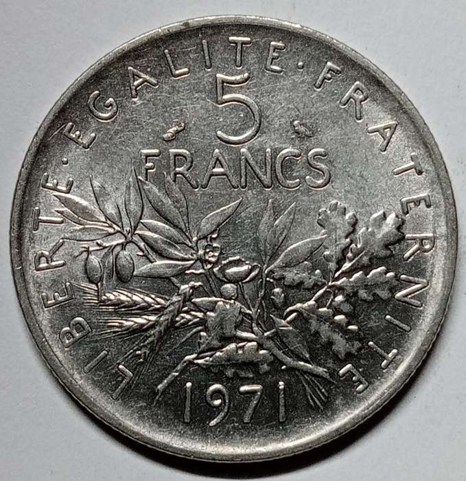 Brilliant uncirculated 1971 France 5 francs - signature O Roty