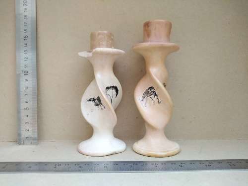 Africana! Pair Of Twisted Stone - Kudu And Elephant - Candlestick Holders