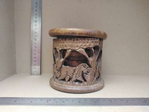 African Hand Carved - Wooden Coaster Set In Caddy/Holder