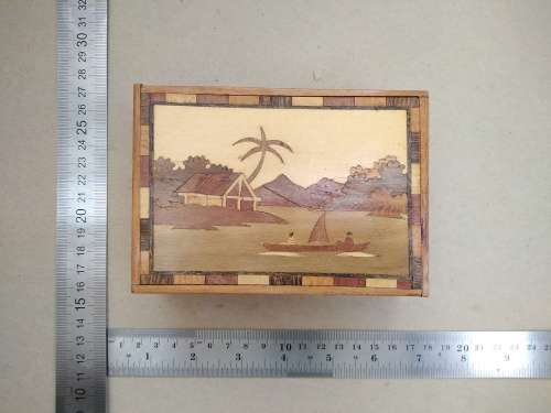 Vintage! Hand Made  - Marquetry Box, Wood Inlay Trinket Box, Tropical Design