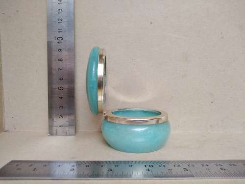 Vintage! Italian - Round Floral Alabaster Marble Trinket Box - Aqua