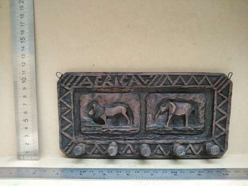 AFRICANA - Key Holder Wall Hanging - Hand Carved - Lion and Elephant