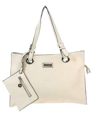 La Pearla Cream Snake Embossed Tote Handbag