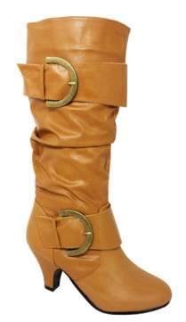 Slouch Buckled Boots in Tan